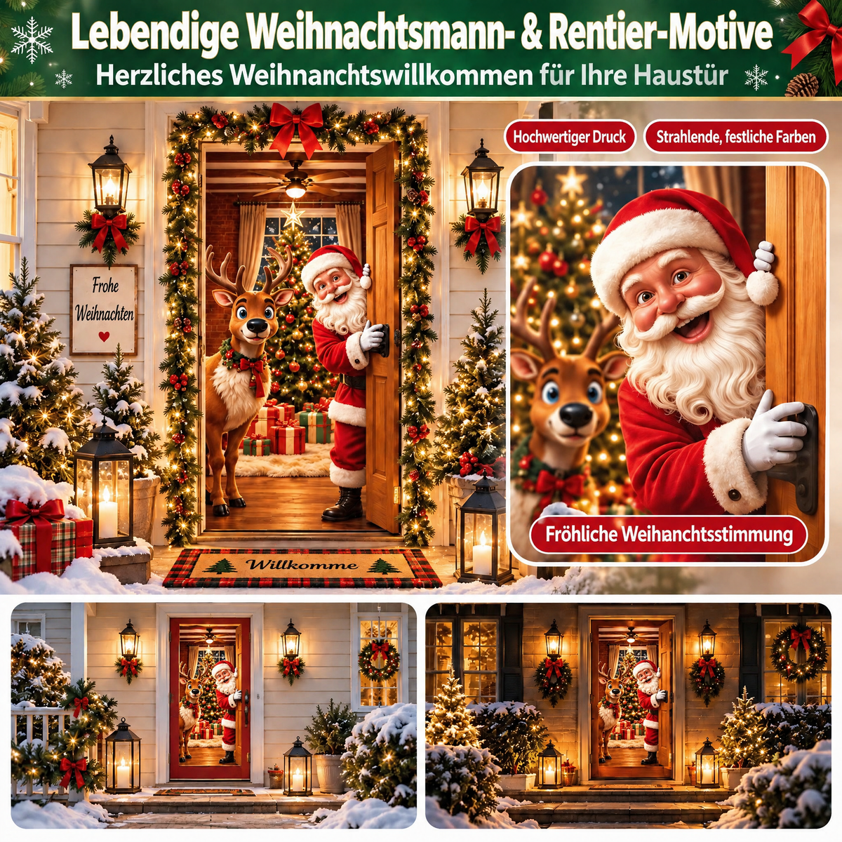 🎄 Nur für kurze Zeit | Elastischer Weihnachts-Türüberzug – Weihnachtsmann & Rentier-Deko, 4-seitig elastisch, in Sekunden angebracht 🎅