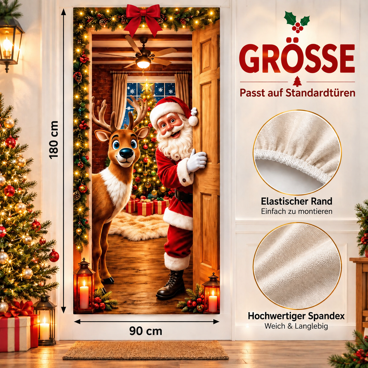 🎄 Nur für kurze Zeit | Elastischer Weihnachts-Türüberzug – Weihnachtsmann & Rentier-Deko, 4-seitig elastisch, in Sekunden angebracht 🎅