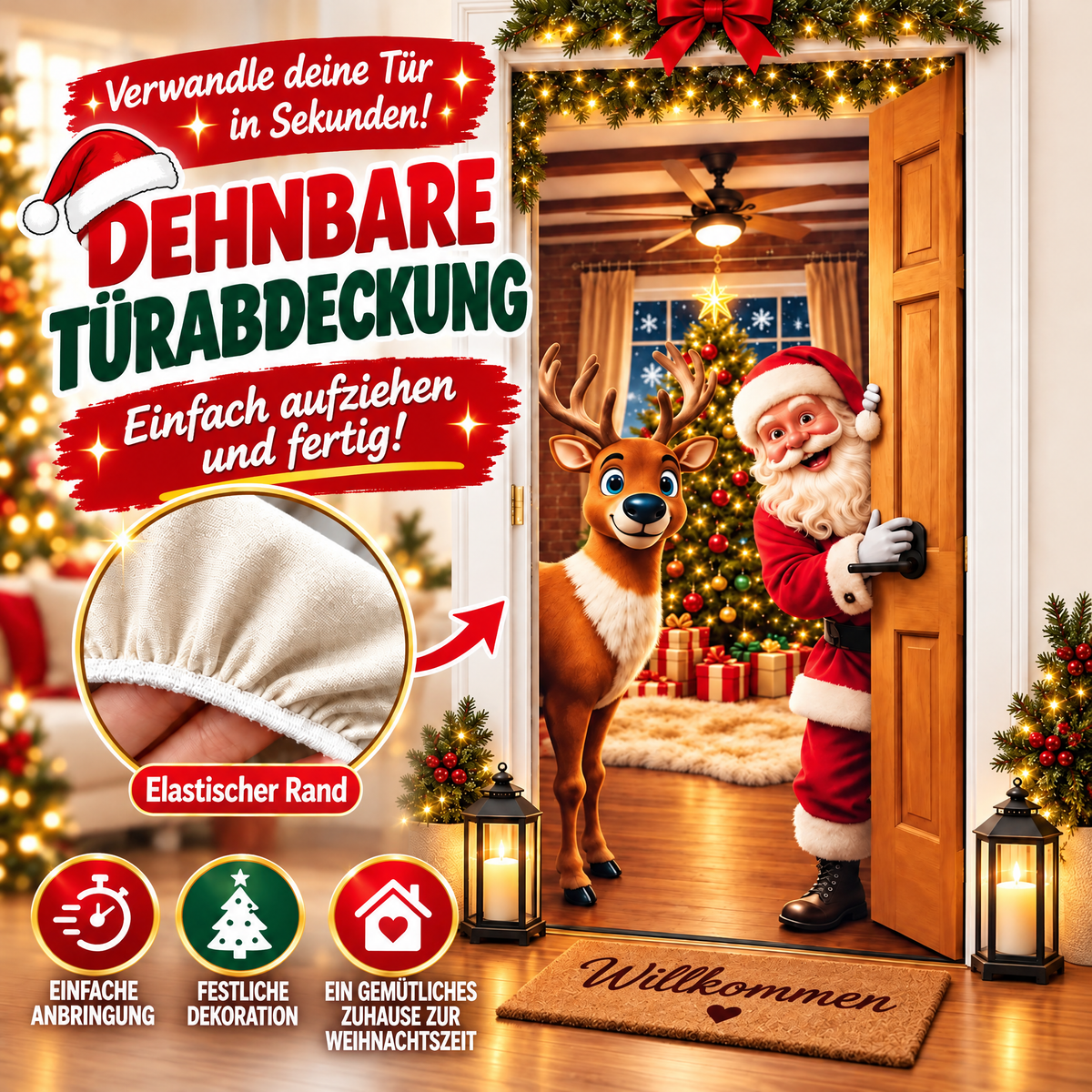 🎄 Nur für kurze Zeit | Elastischer Weihnachts-Türüberzug – Weihnachtsmann & Rentier-Deko, 4-seitig elastisch, in Sekunden angebracht 🎅