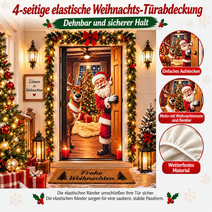 🎄 Nur für kurze Zeit | Elastischer Weihnachts-Türüberzug – Weihnachtsmann & Rentier-Deko, 4-seitig elastisch, in Sekunden angebracht 🎅