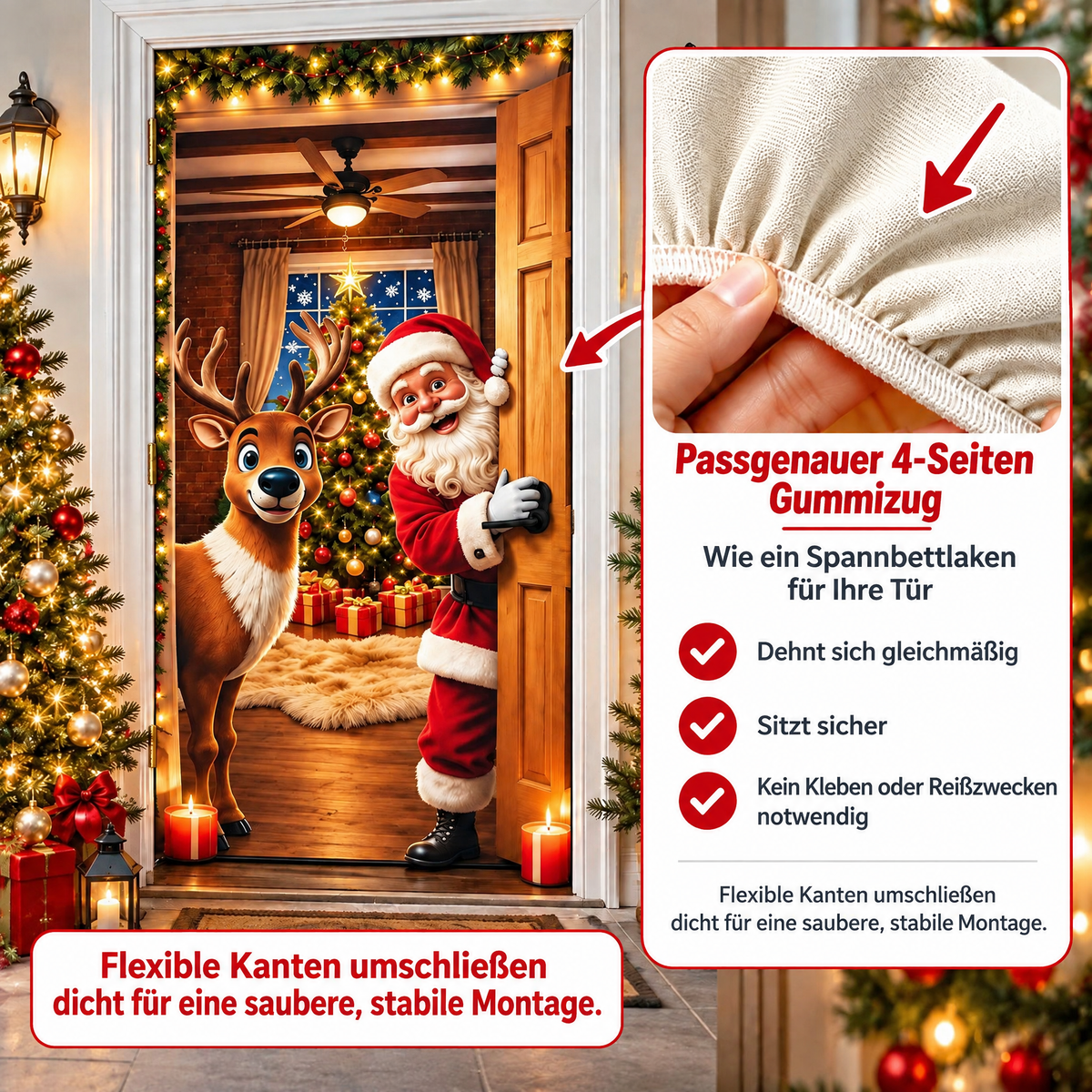 🎄 Nur für kurze Zeit | Elastischer Weihnachts-Türüberzug – Weihnachtsmann & Rentier-Deko, 4-seitig elastisch, in Sekunden angebracht 🎅