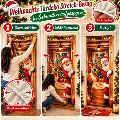 🎄 Nur für kurze Zeit | Elastischer Weihnachts-Türüberzug – Weihnachtsmann & Rentier-Deko, 4-seitig elastisch, in Sekunden angebracht 🎅