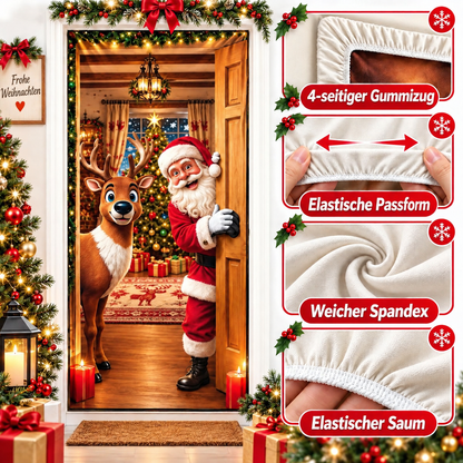 🎄 Nur für kurze Zeit | Elastischer Weihnachts-Türüberzug – Weihnachtsmann & Rentier-Deko, 4-seitig elastisch, in Sekunden angebracht 🎅